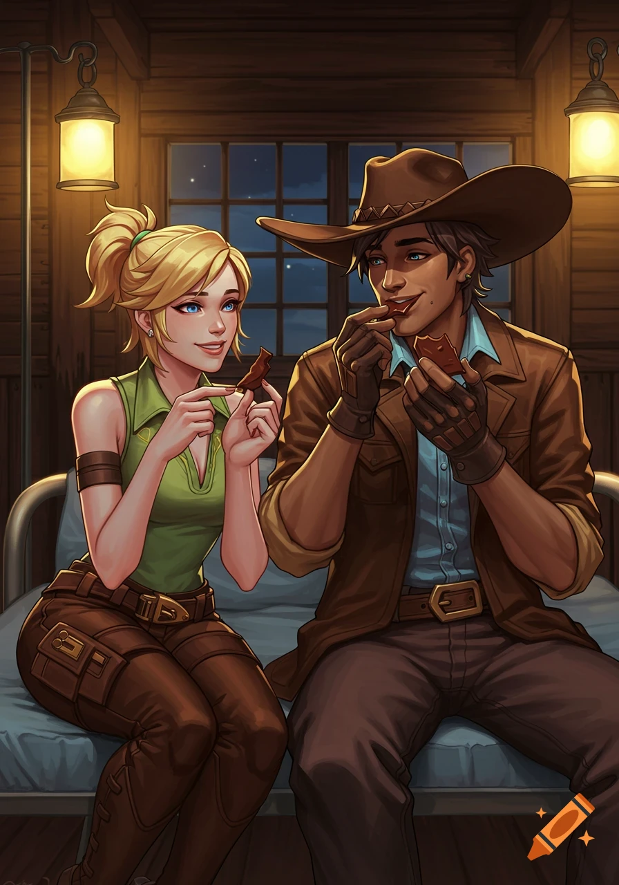 A man in a cowboy hat and a woman with blonde hair sit on a bed in a rustic room, eating chocolate. Illustrated style.