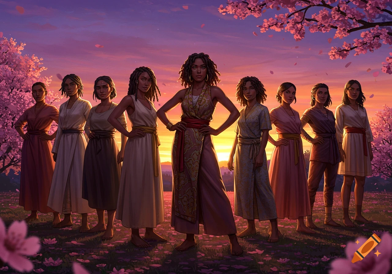 A group of diverse women in traditional robes stand in a field of pink flowers under a vibrant sunset sky, surrounded by cherry blossom trees.