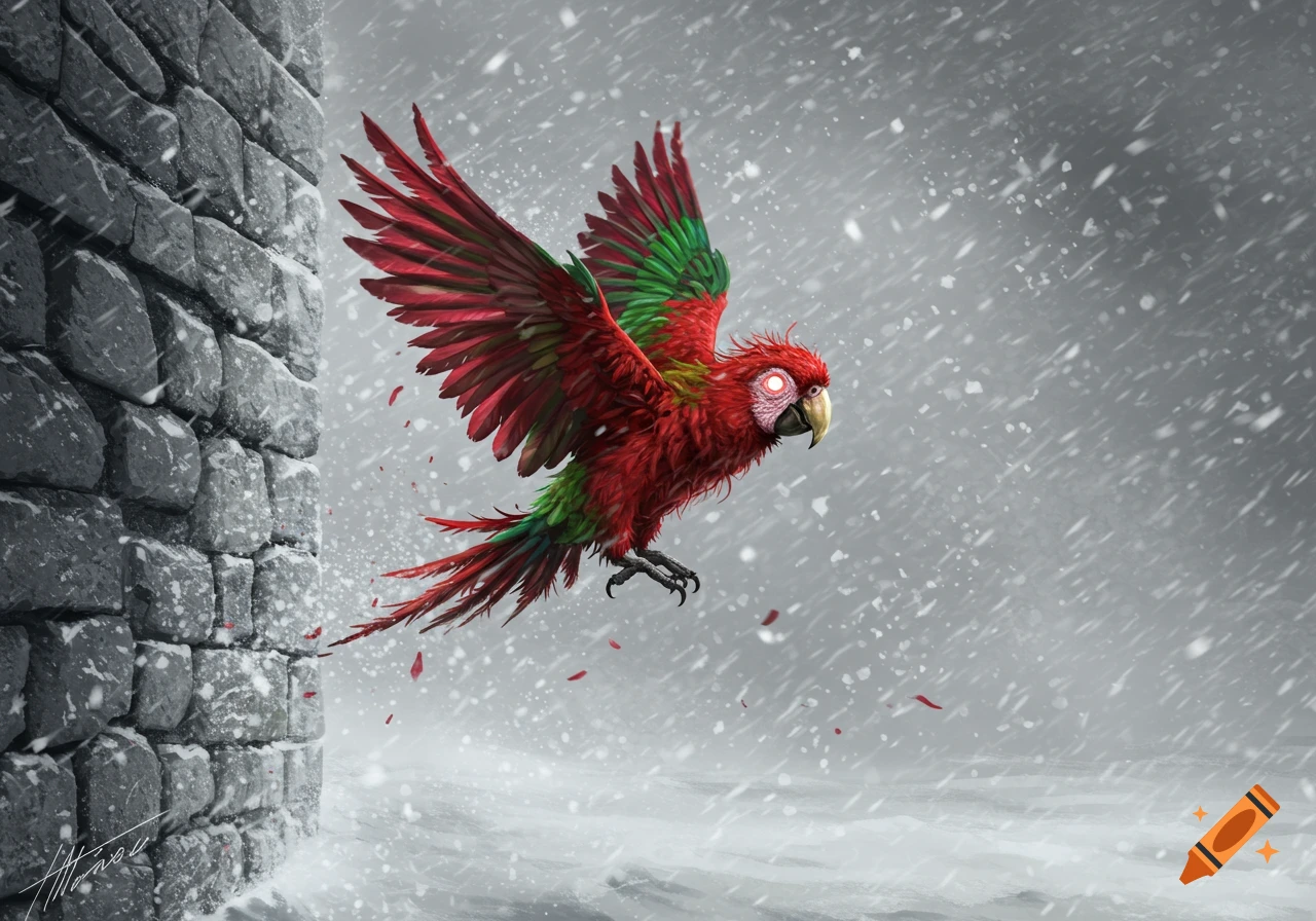 A red and green parrot with glowing red eyes flies near a snowy stone wall in a blizzard.