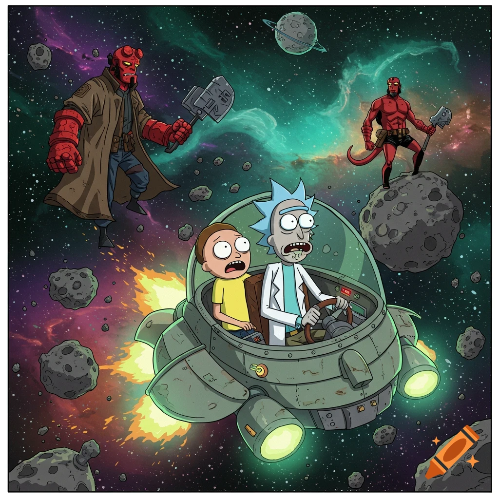 Rick and Morty fly their spaceship through colorful space, encountering two Hellboy figures among asteroids and nebulae, in a vibrant cartoon style.