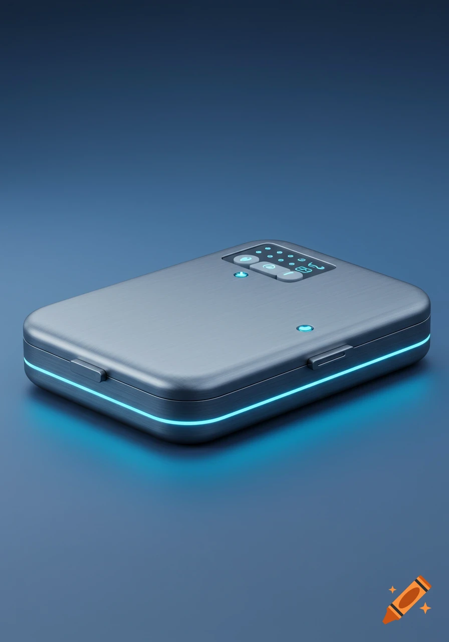 A sleek, metallic digital pill box with glowing blue lines and illuminated buttons, set against a dark blue background.