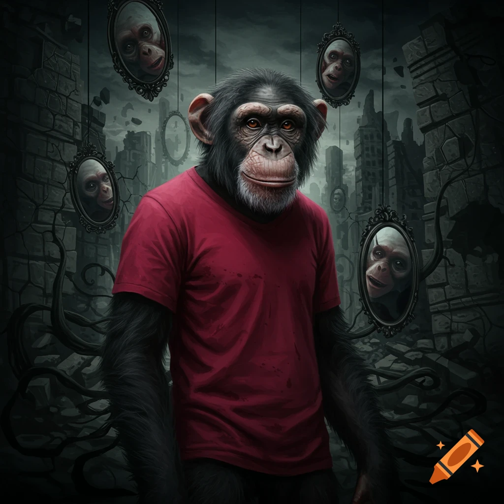 A dark surrealist painting of a chimpanzee in a red t-shirt, standing amidst warped mirrors and a decayed cityscape.