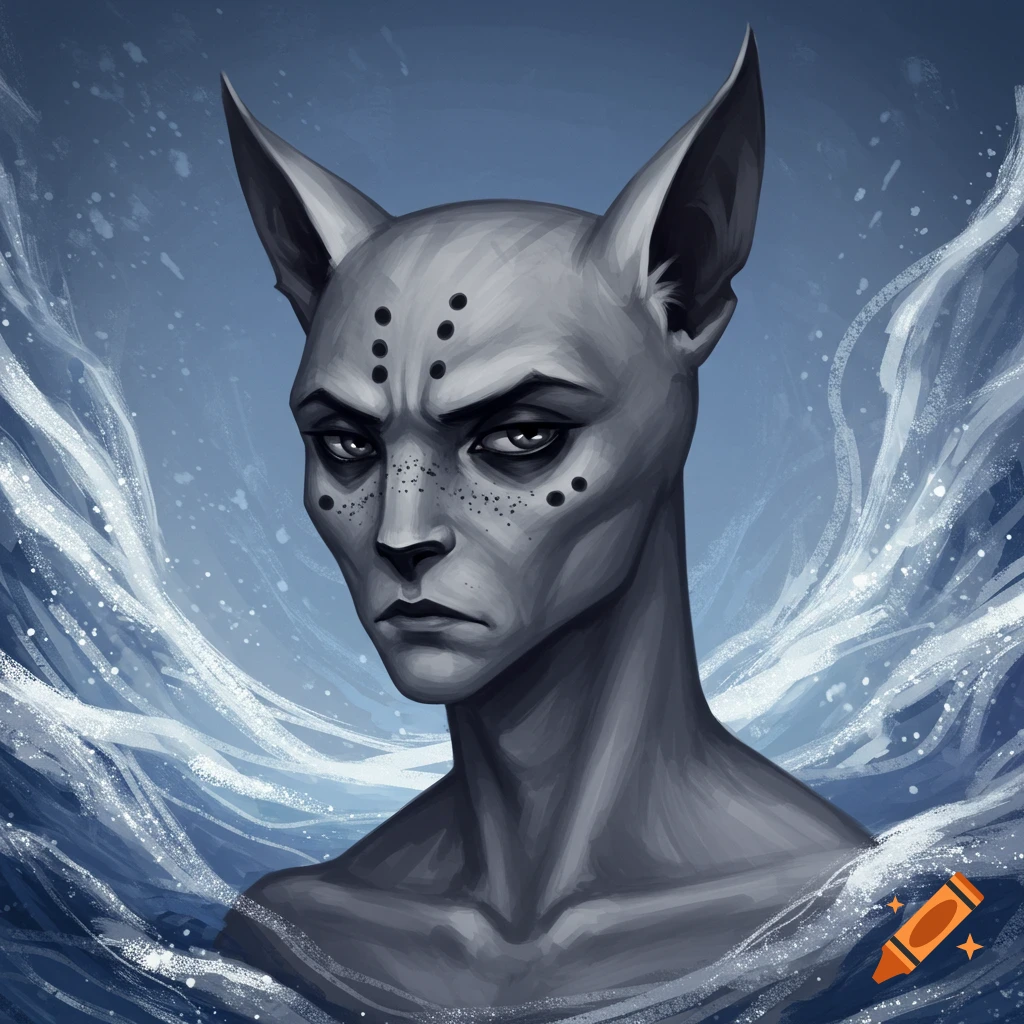 A gray humanoid character with cat-like ears and an intense expression, surrounded by white misty waves on a blue background in digital art style.