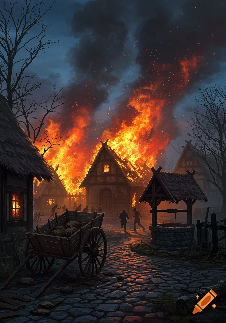 A burning medieval village at dusk with flames engulfing houses and people running, rendered in a detailed fantasy art style.