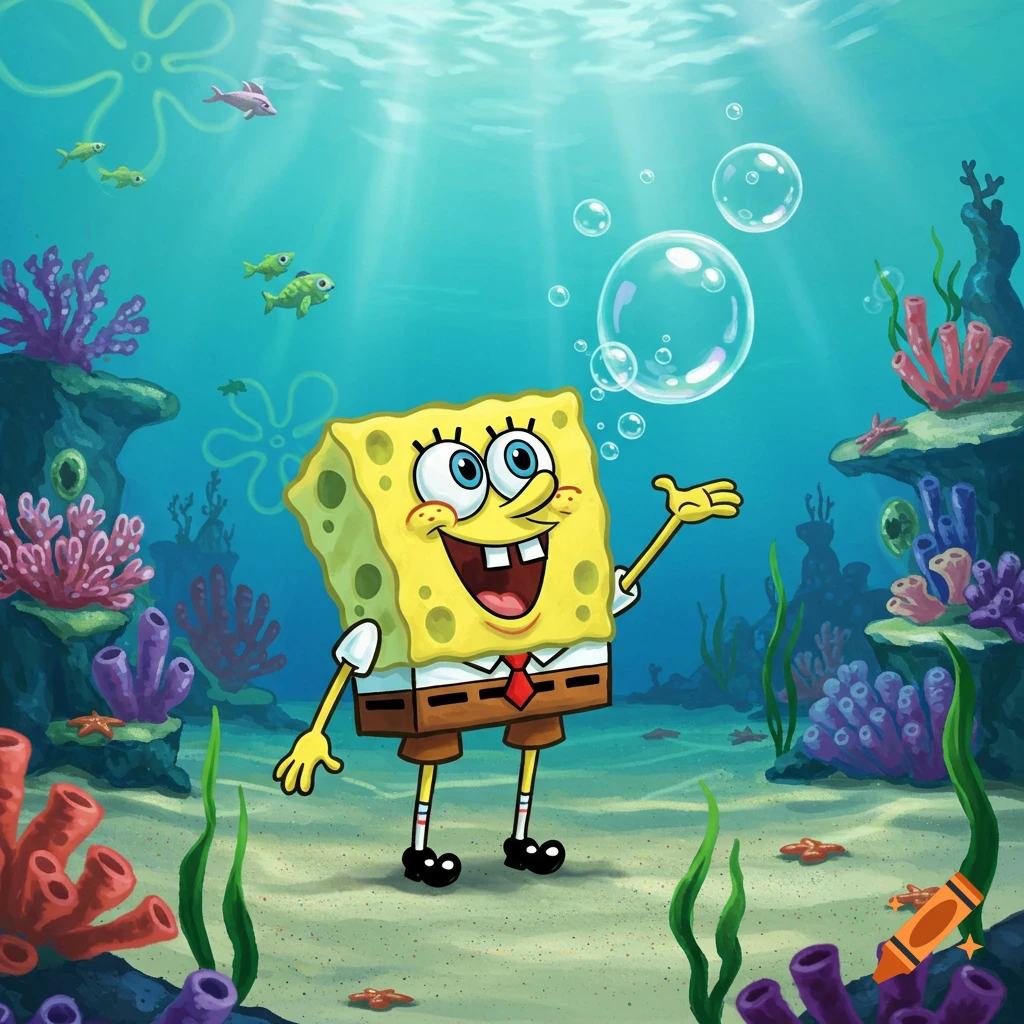 Spongebob Squarepants stands smiling underwater surrounded by coral, fish, and bubbles.