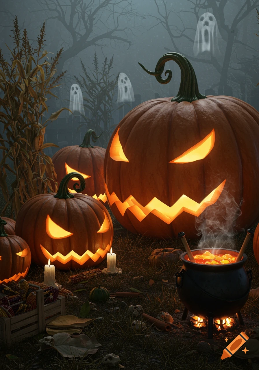Photorealistic image of glowing jack-o'-lanterns, spectral ghosts, and cornstalks surrounding a bubbling cauldron in a misty Halloween night.