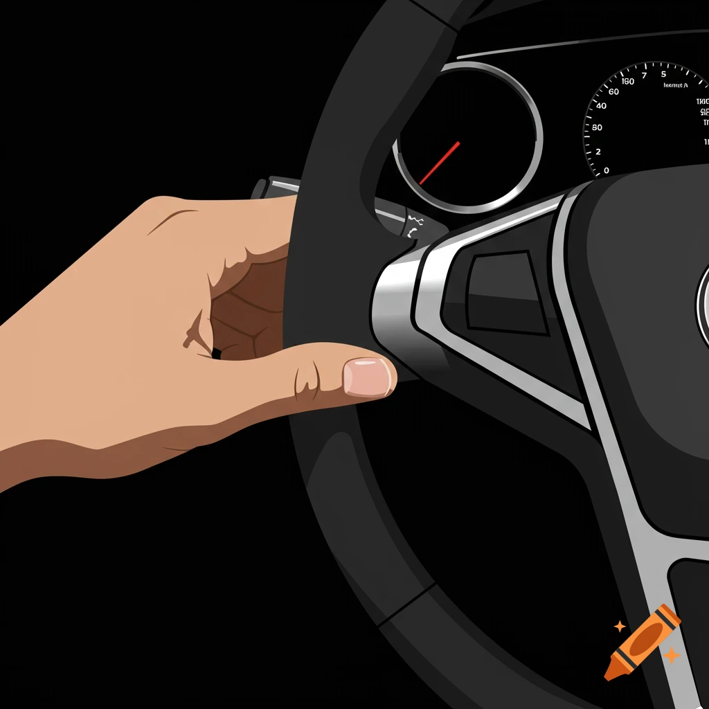 A close-up vector art illustration of a hand on a car's steering wheel, with the dashboard visible in the background.