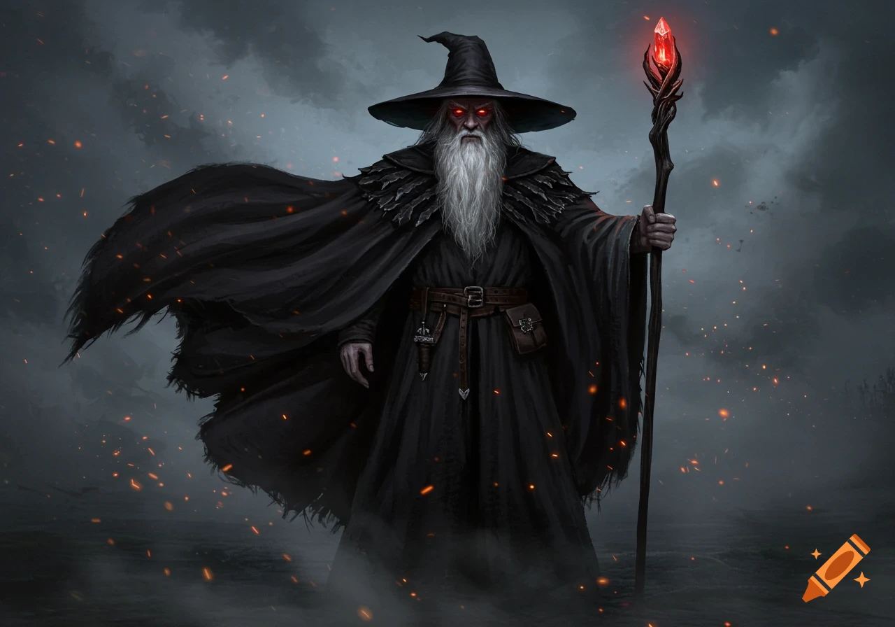 A dark wizard with a long white beard, red glowing eyes, and a black cloak holds a staff with a red crystal in a smoky, fiery landscape.