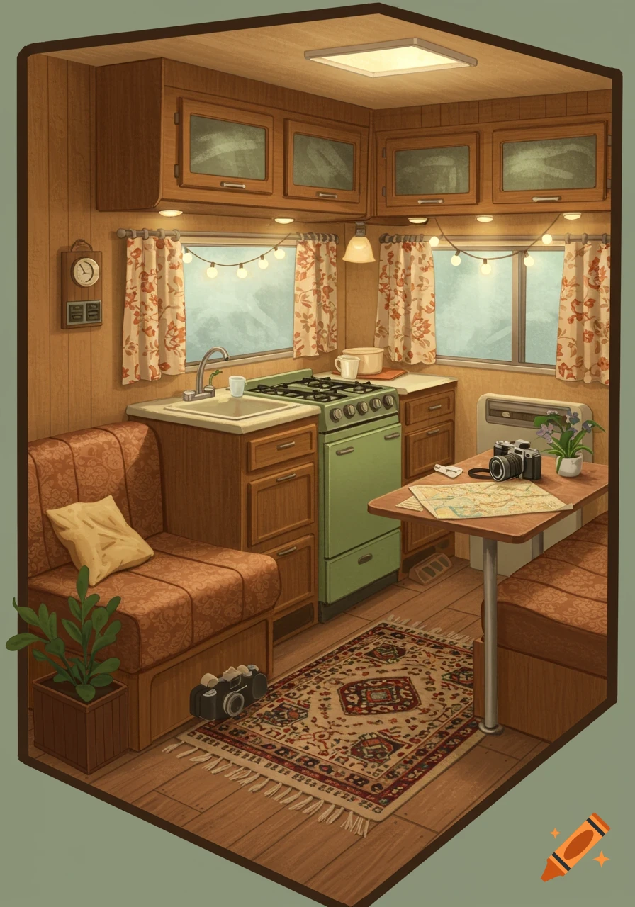An illustrated, cozy retro RV interior with a kitchen, dining nook, and living area, complete with decorative lights, a map, and a camera.
