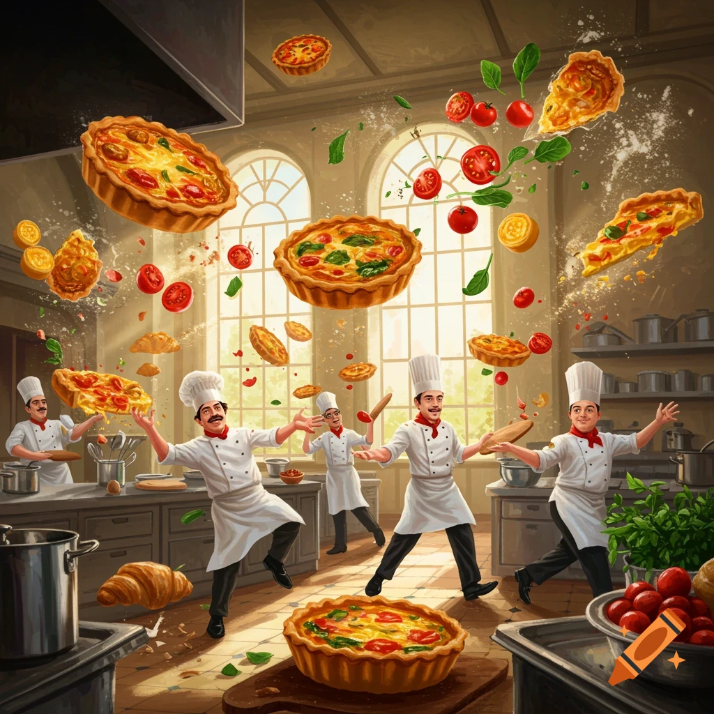 Chefs in a bustling kitchen engaged in a playful quiche fight, with food and ingredients flying through the air.