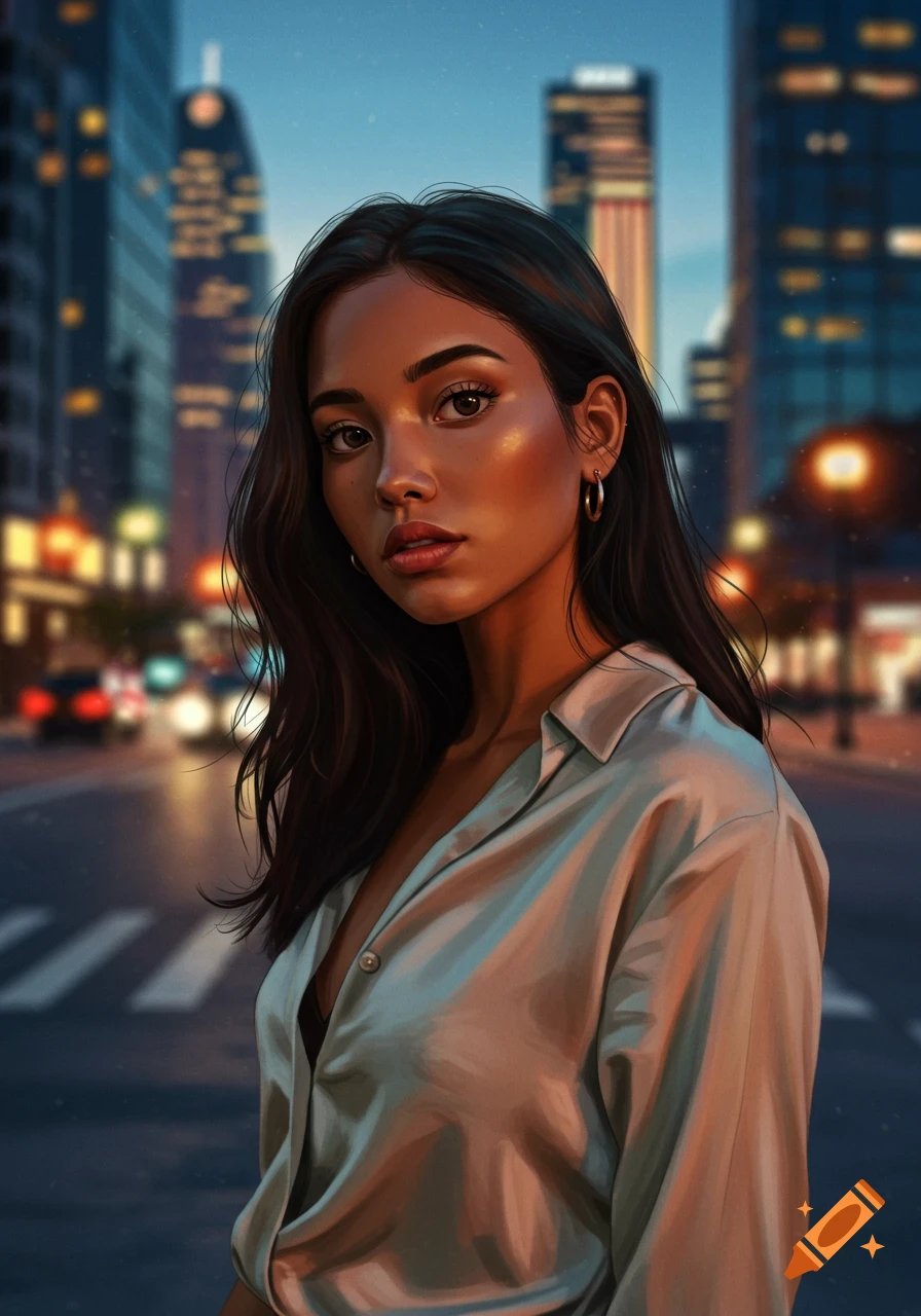 An illustrative portrait of a young woman with dark hair and a light shirt, standing in a blurred city street at dusk.