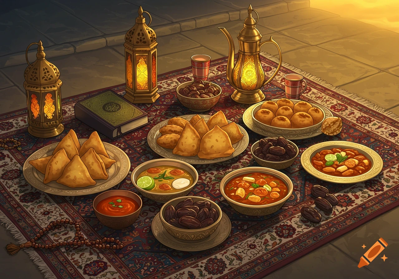 An illustrated scene of a Ramadan Iftar meal with dates, samosas, curries, a teapot, lanterns, and a Quran on an ornate rug.