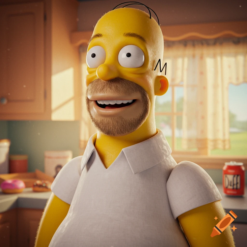 A photorealistic render of Homer Simpson with a beard, wearing a white polo shirt, smiling in a kitchen setting.