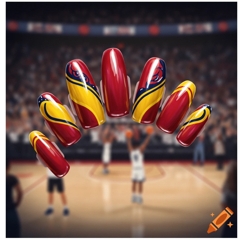 Red, yellow, and blue almond-tipped nails with patterns floating above a blurred basketball court, digitally rendered.