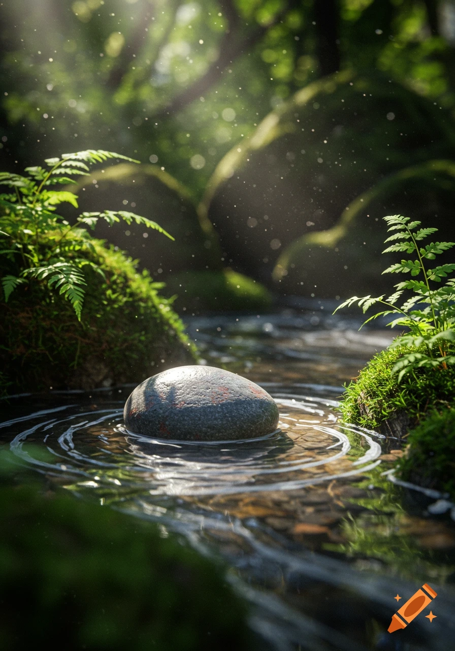 A photorealistic close-up of a smooth dark pebble in a sunlit stream, surrounded by mossy banks and ferns.