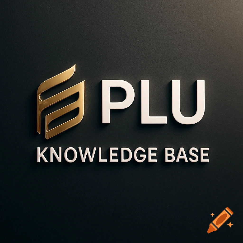Golden abstract logo and white 'PLU KNOWLEDGE BASE' text on a dark textured background.