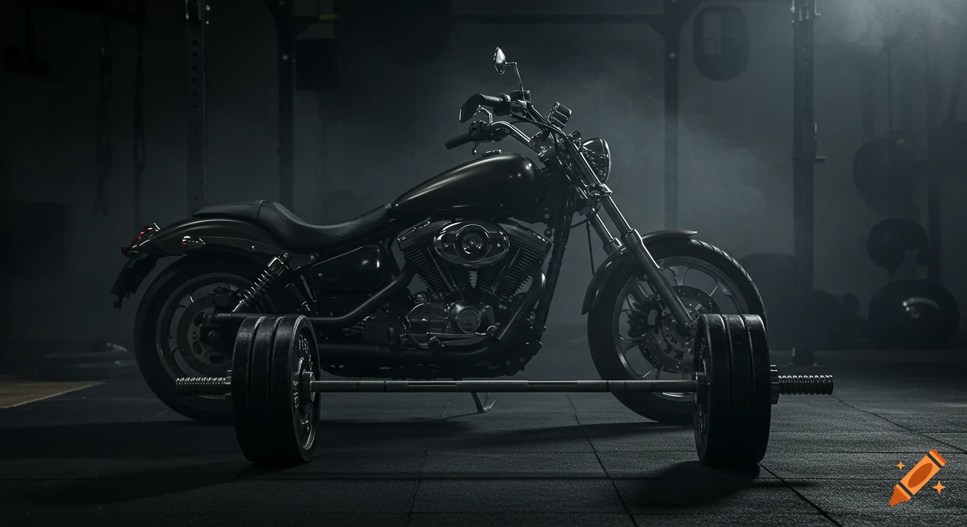 A dark, moody shot of a matte black cruiser motorcycle parked in a gritty gym with a barbell in the foreground.