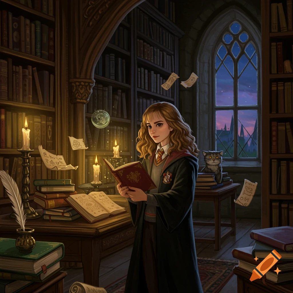 Hermione Granger reads a book in a magical, candlelit library with a cat and floating scrolls. Gothic window.
