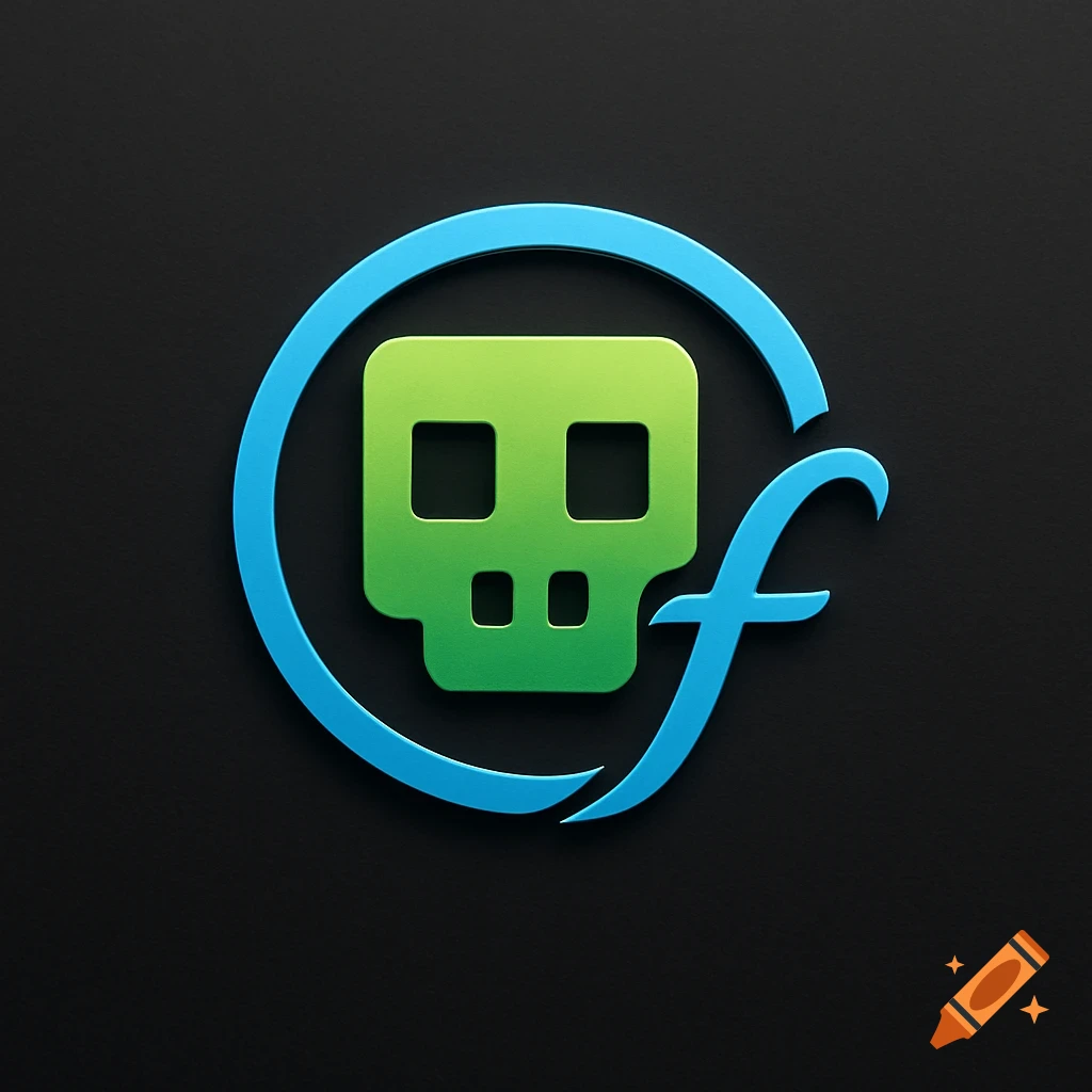 A vibrant green blocky skull icon combined with a blue stylized 'f' letter and partial circle, on a dark background.