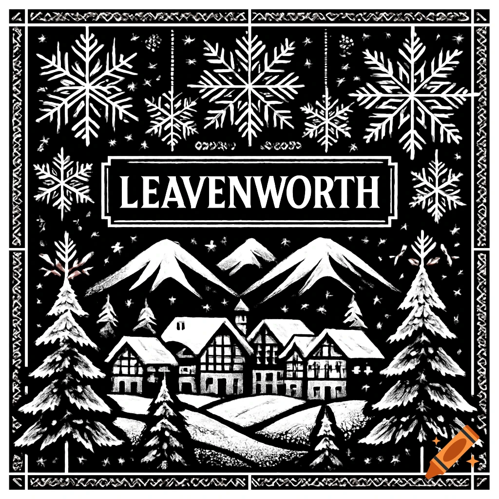 Black and white illustration of a snowy mountain village with snowflakes and the word 'LEAVENWORTH'.