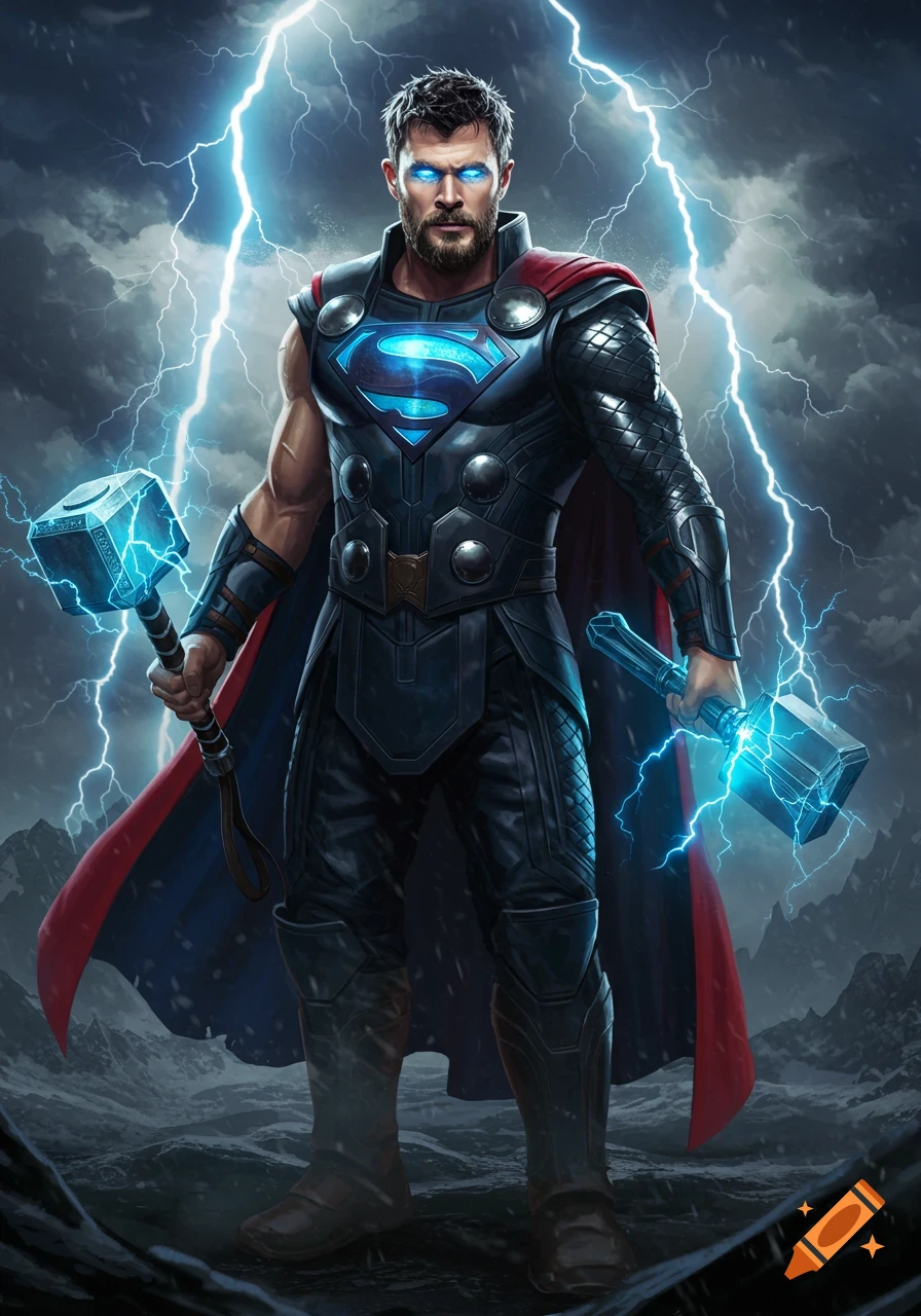 A powerful superhero, a fusion of Thor and Superman, with a beard and glowing blue eyes. He wears dark blue armor with a glowing blue Superman symbol and a red cape, holding Mjolnir and Stormbreaker with lightning around him.