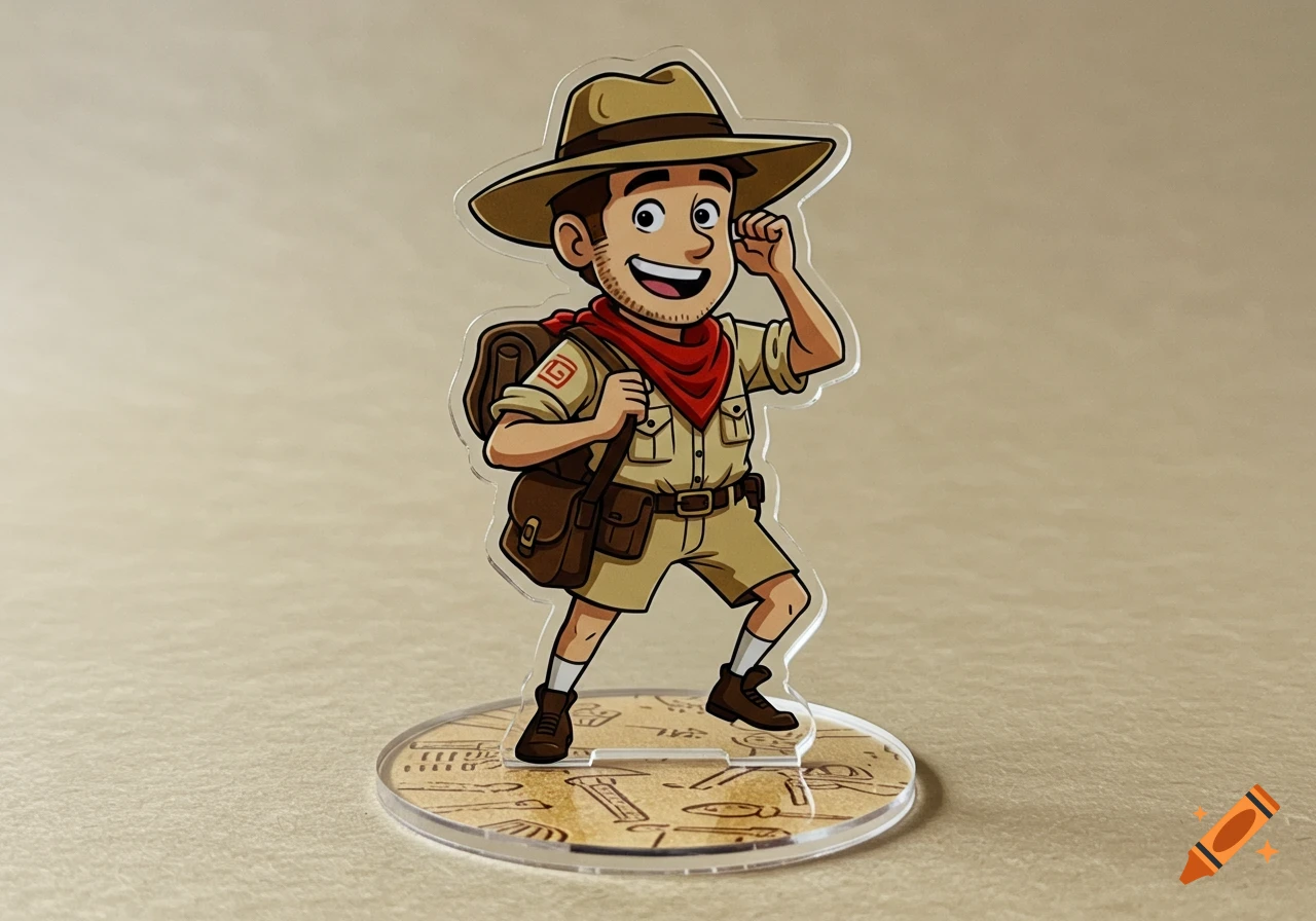 A cartoon explorer character standee with a tan hat, red scarf, and backpack, standing on a circular base with ancient symbols.