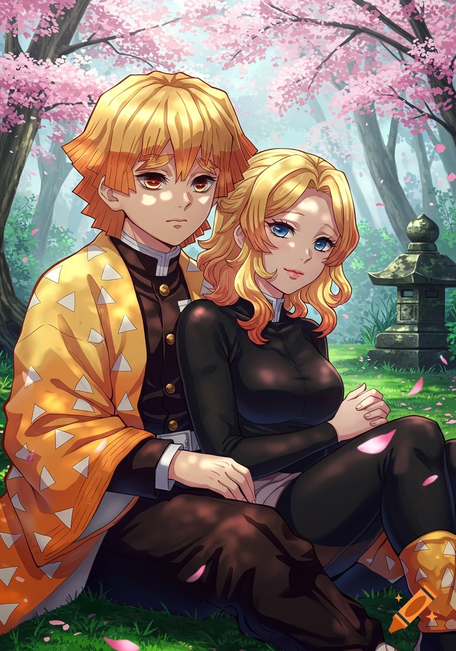 An anime scene of Zenitsu Agatsuma and a blonde woman sitting under cherry blossom trees in a forest.