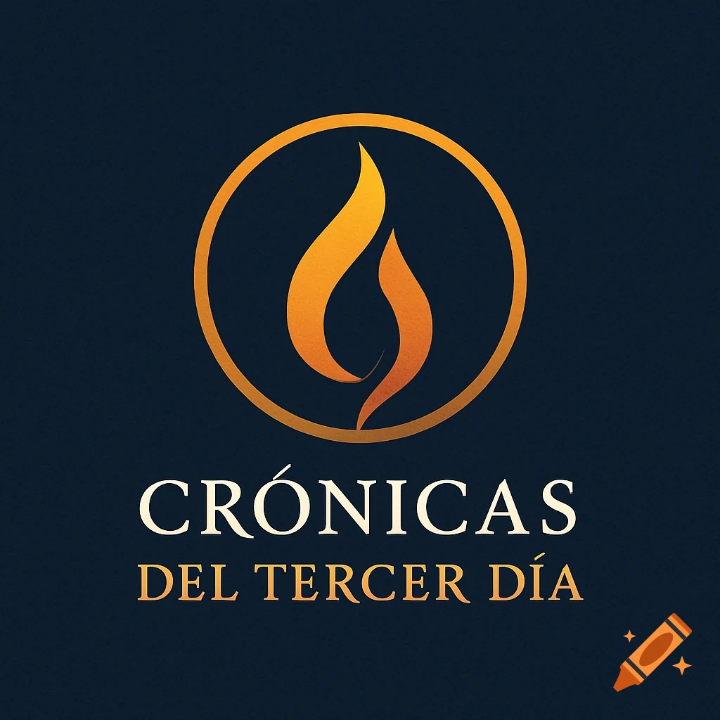 A logo featuring an orange and gold stylized flame inside a gold circle on a dark blue background, with the words "CRÓNICAS DEL TERCER DÍA" below.