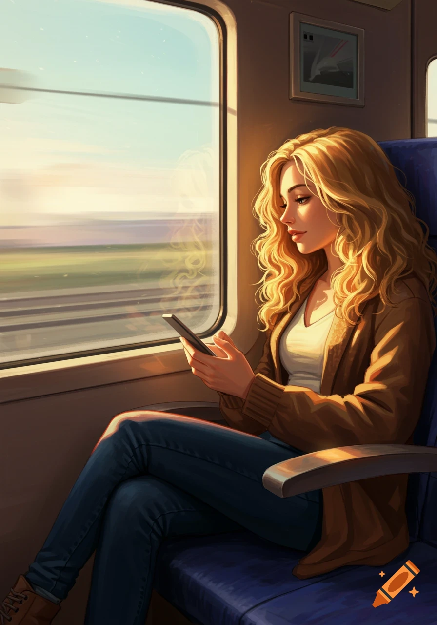 An illustrative depiction of a young woman with blonde curly hair sitting in a sunlit train, looking at her phone.