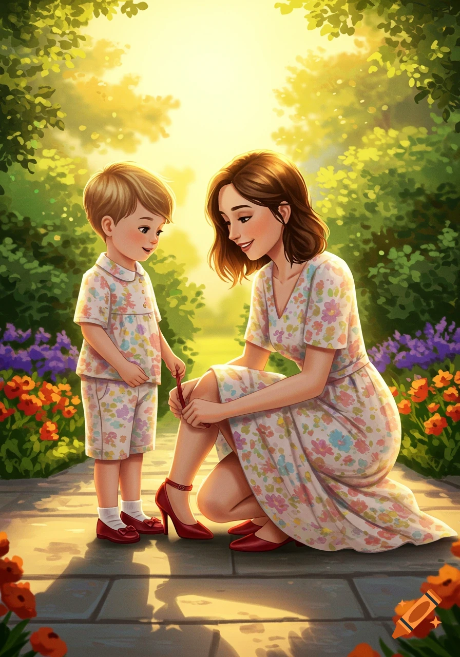 A mother crouches to adjust her red shoe while her young son, dressed in a matching floral outfit and red shoes, stands smiling in a sunny garden.