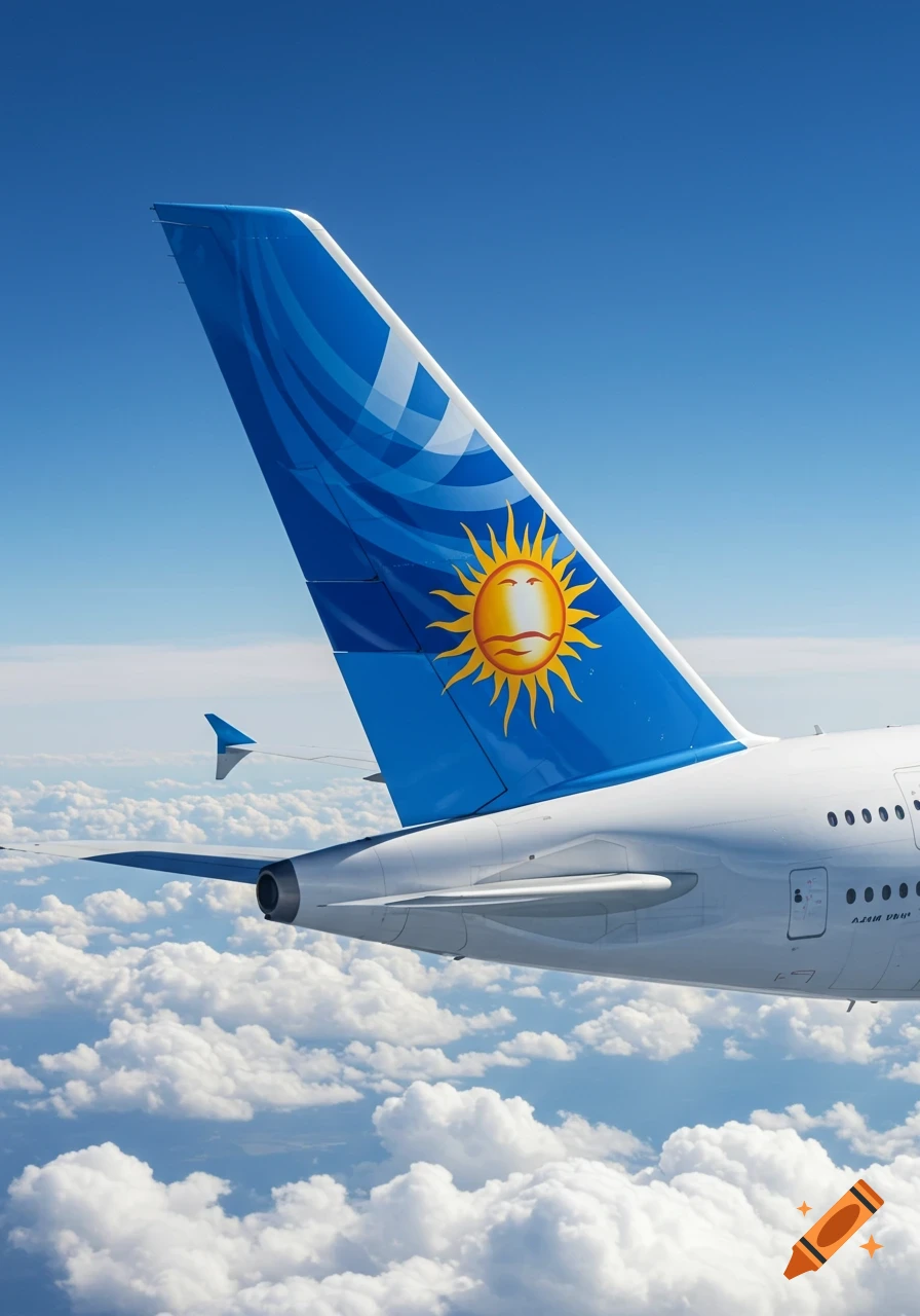 A photorealistic close-up of the tail section of a white Airbus A380 airplane, featuring a blue tail fin with a prominent yellow sun logo, flying above a layer of fluffy white clouds under a clear blue sky.
