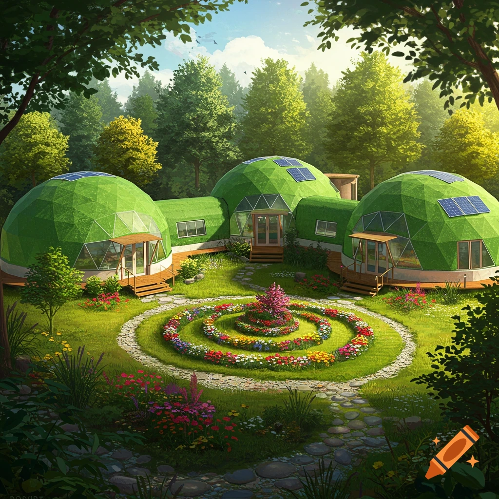 Several green geodesic dome homes with solar panels are connected, surrounded by a lush garden with a spiral flower bed, set within a dense forest under a bright sky.