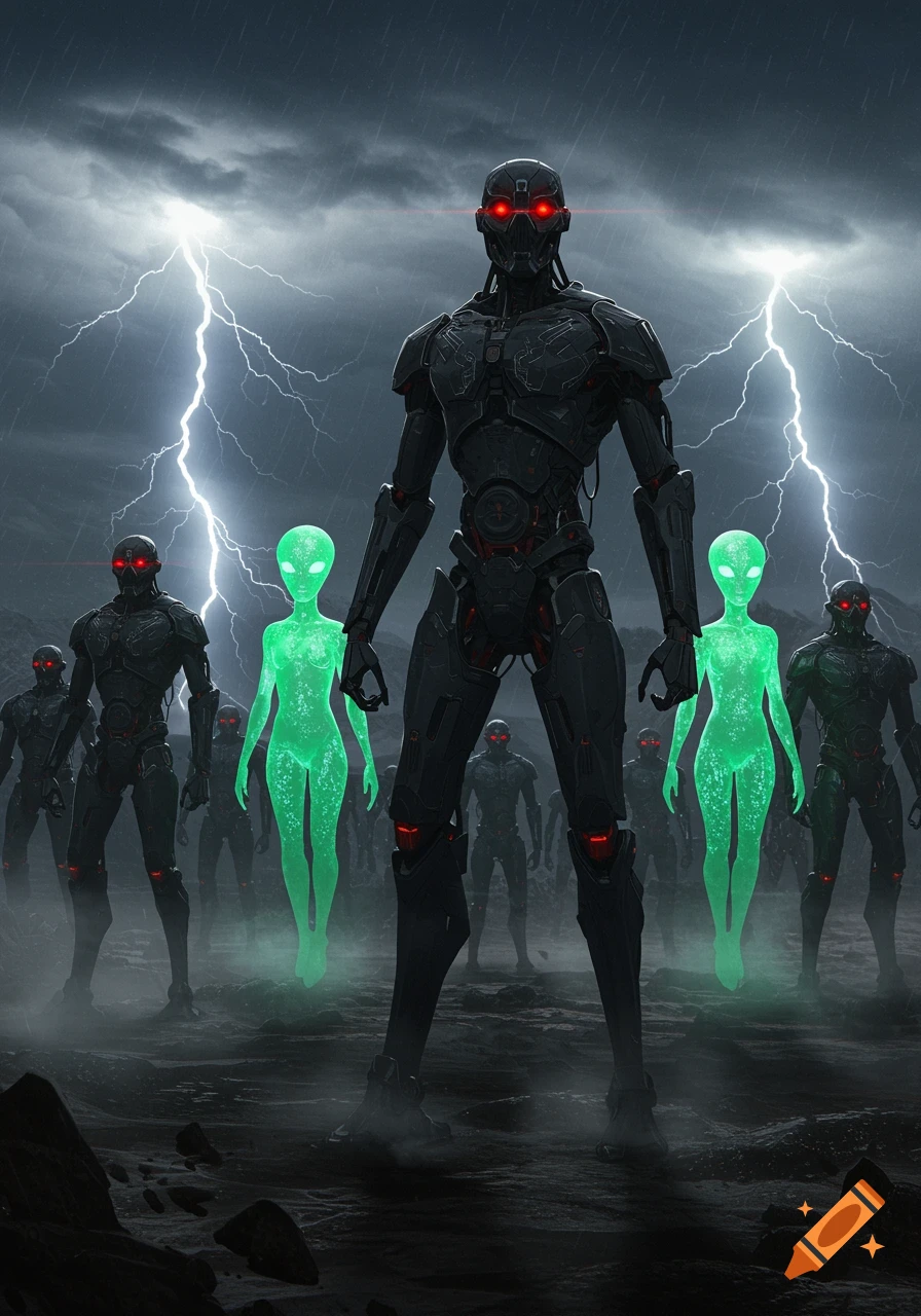 Dark armored robots and glowing green aliens stand on rocky ground under a stormy, lightning-filled sky.