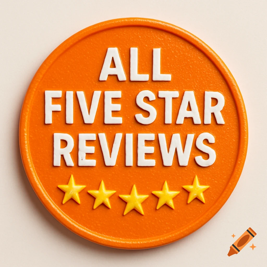 A bright orange circular badge with the white embossed text 'ALL FIVE STAR REVIEWS' and five golden stars at the bottom.