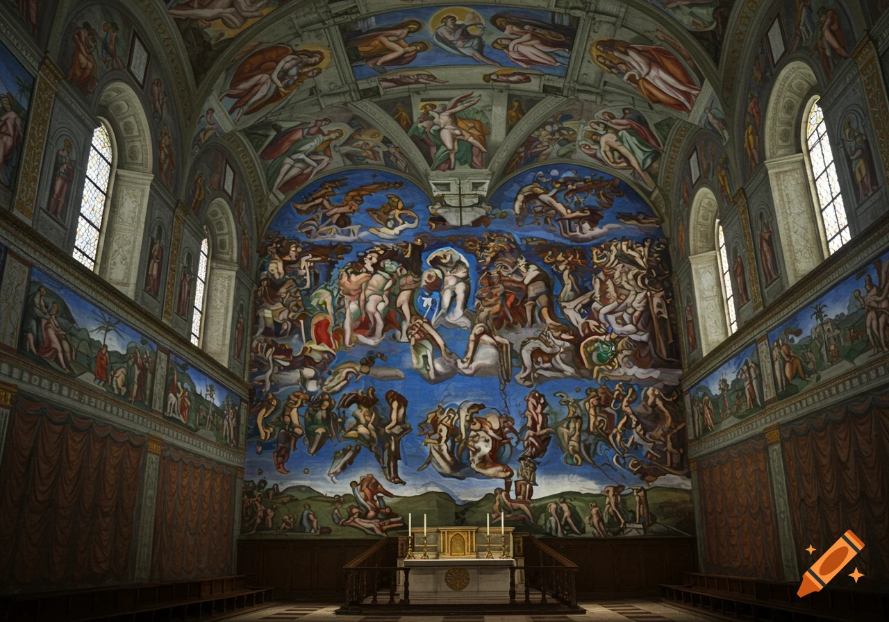 Wide shot of the interior of the Sistine Chapel with Michelangelo's frescoes covering the arched ceiling and walls, an altar at the front.
