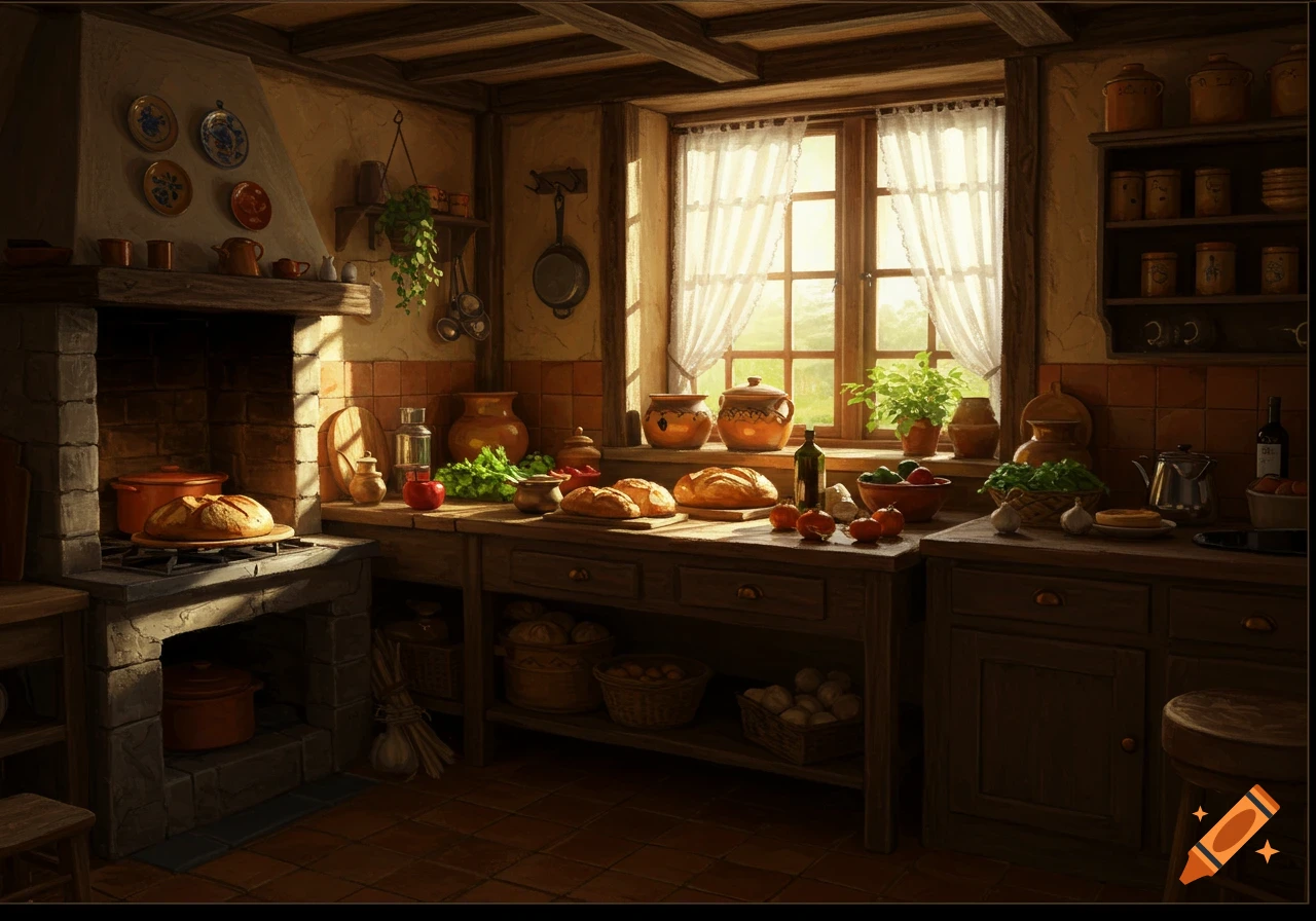 A rustic, sunlit kitchen with a stone fireplace, wooden counters, and fresh bread, fruits, and vegetables.