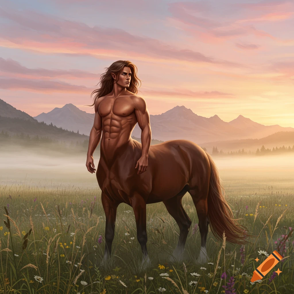 A muscular male centaur with long hair stands in a misty field at sunset with mountains in the background, looking into the distance.