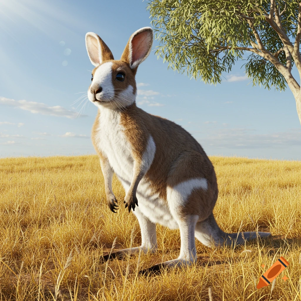 Photorealistic half-kangaroo, half-rabbit hybrid standing in a sunny, dry grassy field with a tree under a blue sky.