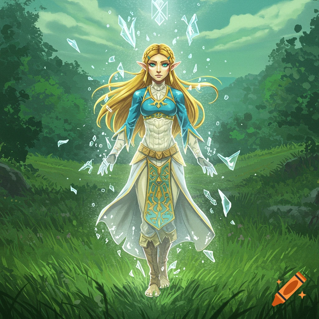Princess Zelda stands barefoot in a green field, surrounded by shattered crystal fragments and a glowing symbol, in an illustrative fantasy style.