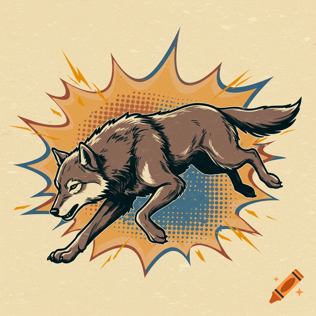Brown wolf leaping in a dynamic pose, comic book style with an orange and blue burst on a vintage paper background.
