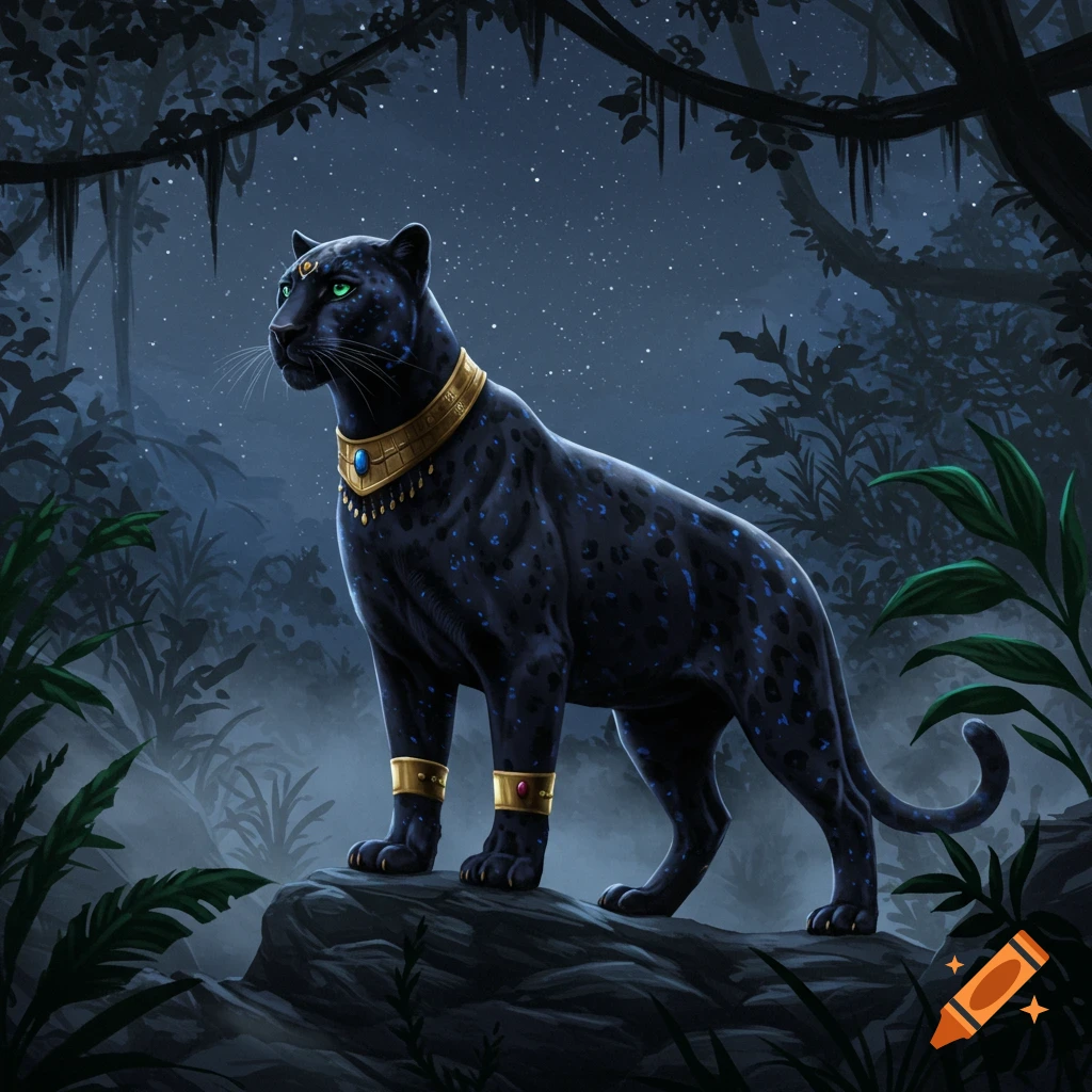 A regal black panther with glowing green eyes and golden jewelry stands on a rock in a mystical, starlit jungle.