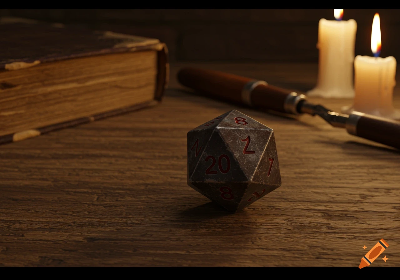 A close-up photorealistic shot of an old, weathered 20-sided die showing the number 20, sitting on a wooden table. An old book, a pen, and two lit candles are blurred in the background, creating a cozy, dim ambiance.