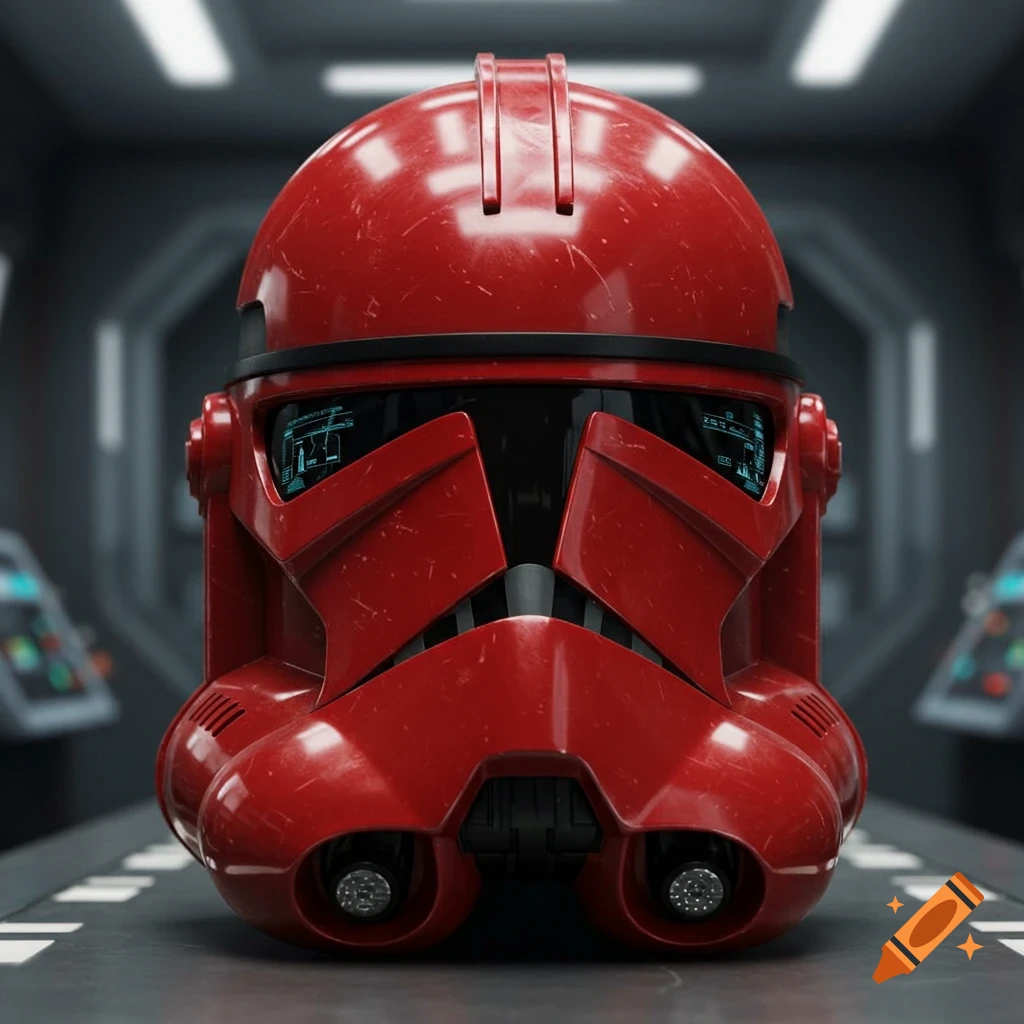 A detailed, photorealistic close-up of a red clone trooper helmet with a black visor, set in a spaceship interior.