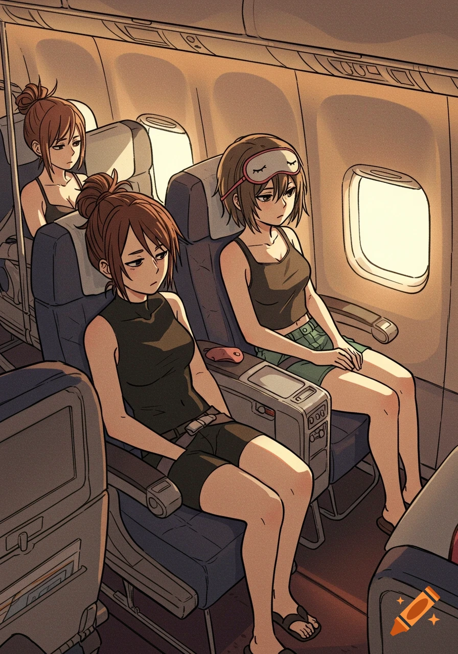Three anime-style girls sitting in an airplane cabin, two with brown hair in tank tops, one with a sleep mask.