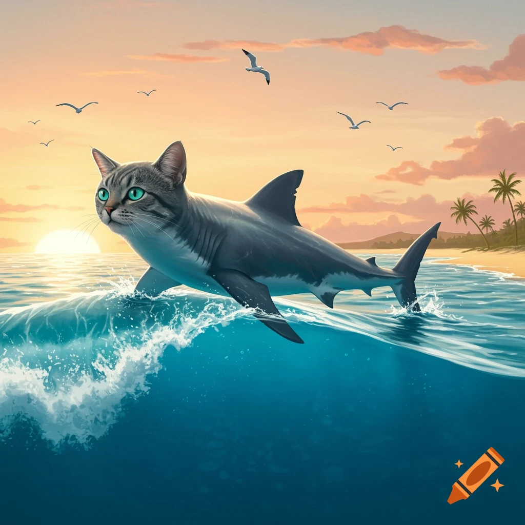 A cat-shark hybrid with green eyes leaps out of a wave at sunset, with a beach and palm trees in the background.