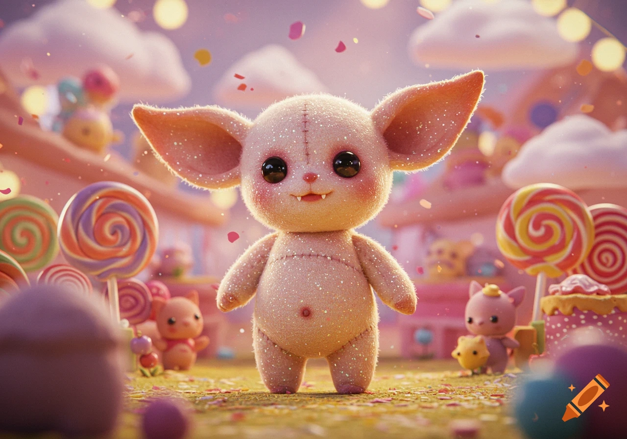 A pink, glittery, big-eared plush creature stands in a whimsical candy land with lollipops and confetti.