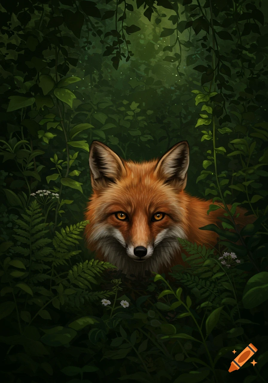 A red fox with bright orange eyes peers out from dense, dark green forest foliage in an illustrative style.