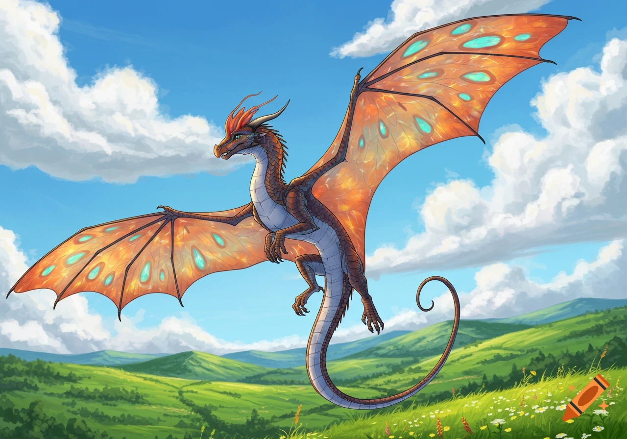 A brown and orange dragon with large, colorful wings flies above green hills under a blue sky with white clouds.