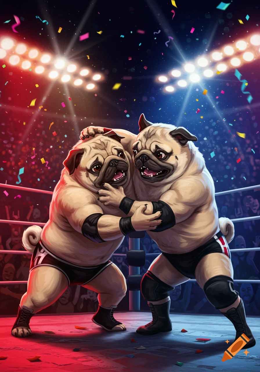 Two muscular pugs wrestle in a brightly lit ring, with confetti falling and a crowd cheering in the background. Digital illustration.