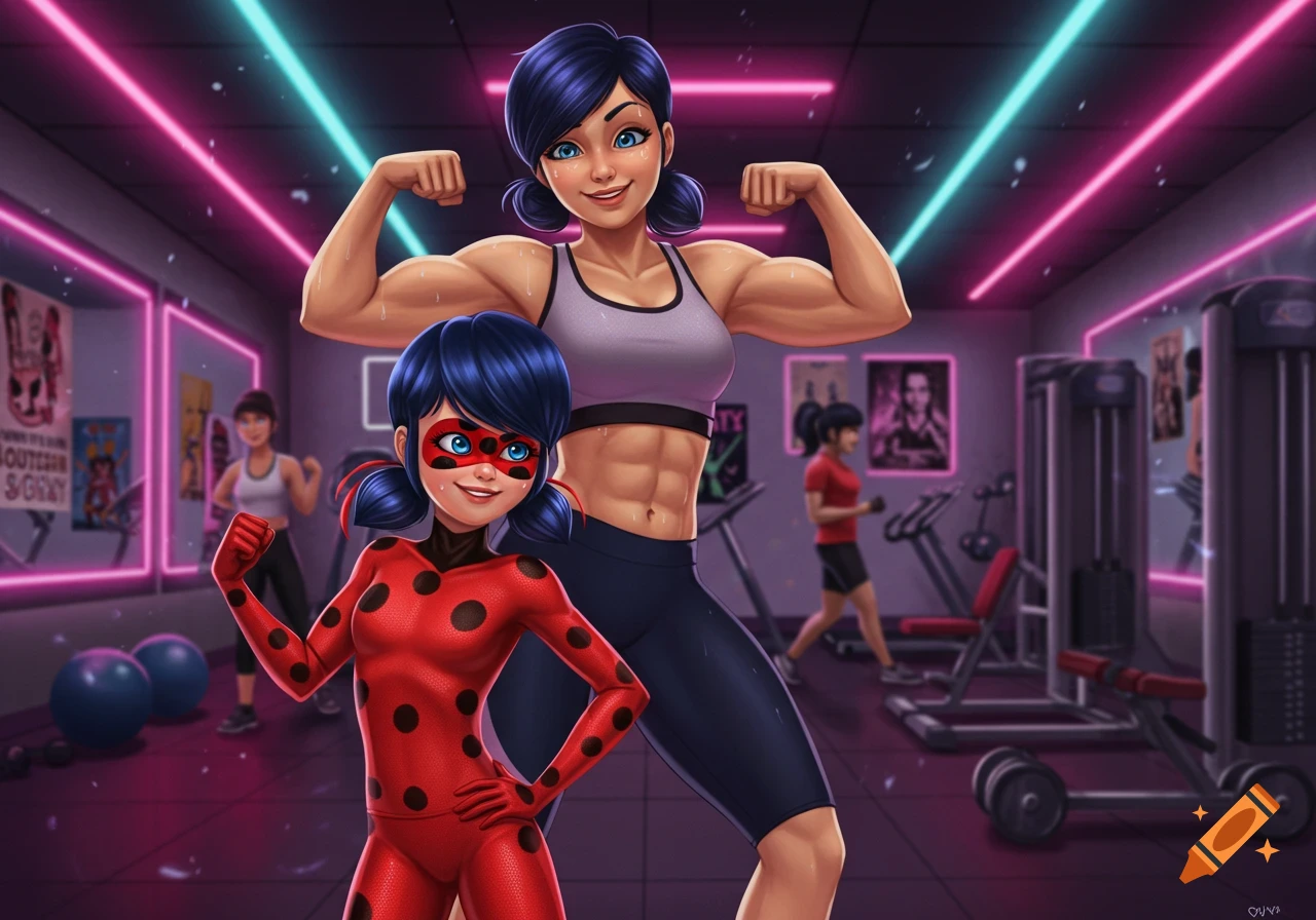 Cartoon of a muscular woman flexing her biceps next to Ladybug in a gym with neon lights.